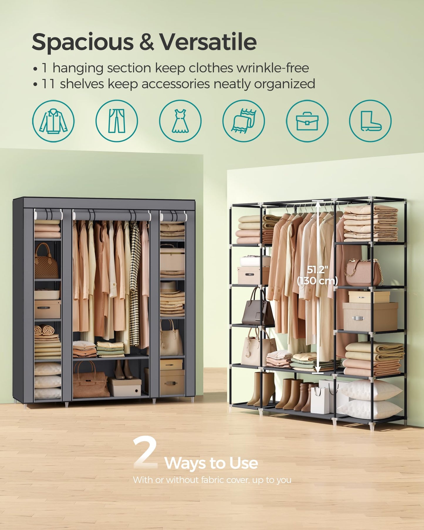 SONGMICS Closet Wardrobe, Portable Closet for Bedroom, Clothes Rail with Non-Woven Fabric Cover, Clothes Storage Organizer, 59 x 17.7 x 69 Inches, 12 Compartments, Gray ULSF03G