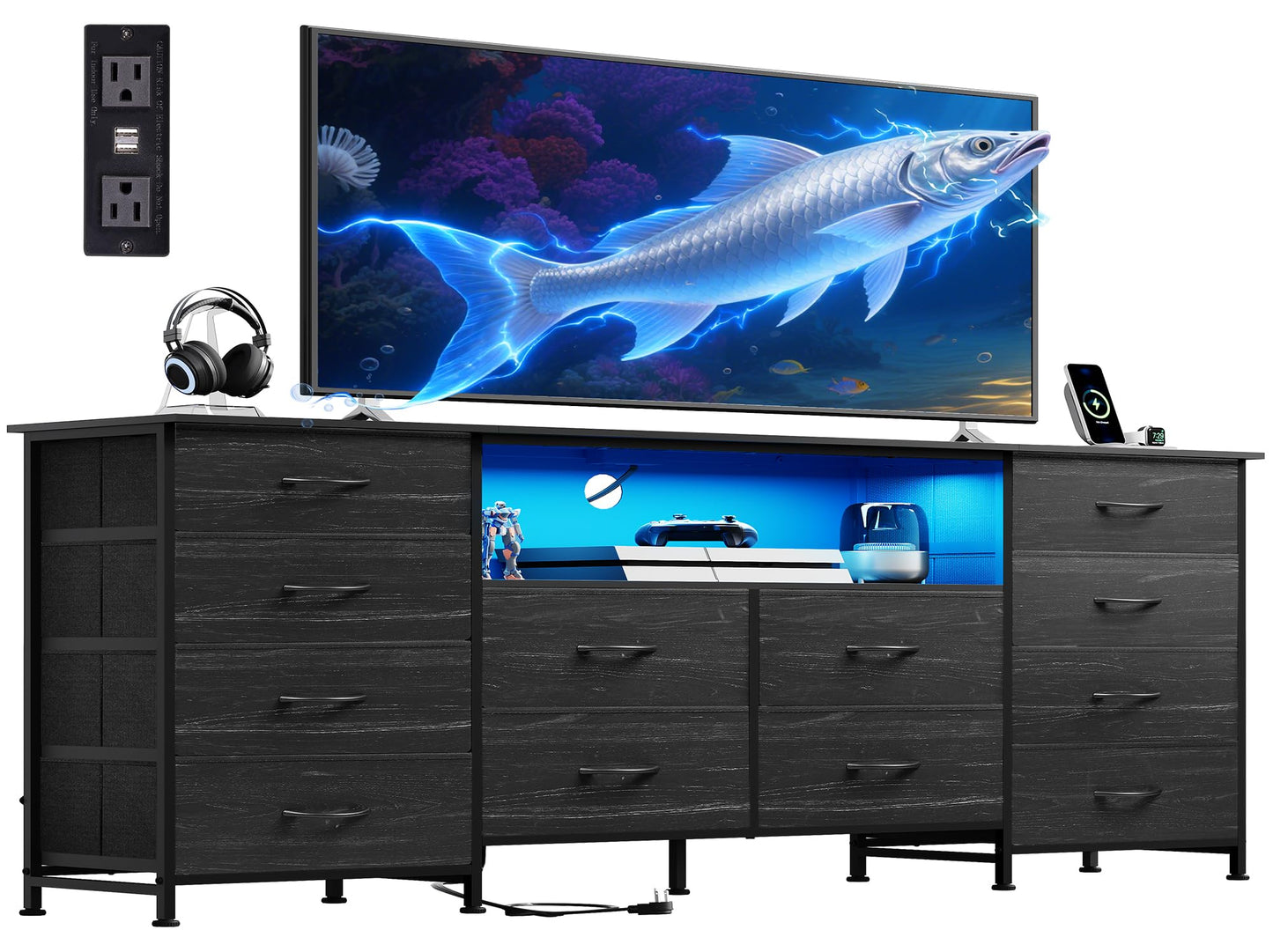 WLIVE 12 Drawer Dresser for Bedroom, Black Dresser TV Stand for 65, 70, 75 inch TV with Led Light & Charging Station, Wide Chest of Drawers with Open Shelves, Fabric Dressers for Closet, Living Room