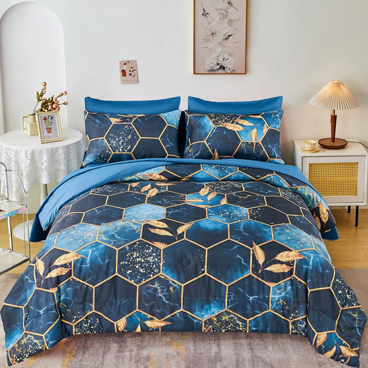 ZRNBAST 7 Pieces King Comforter Set with Sheets Drak Blue Geometric Honeycomb Bed Set Lightweight Gold Trim Print Marble King Size Quilt Set for Women Men(Royal Blue, King)
