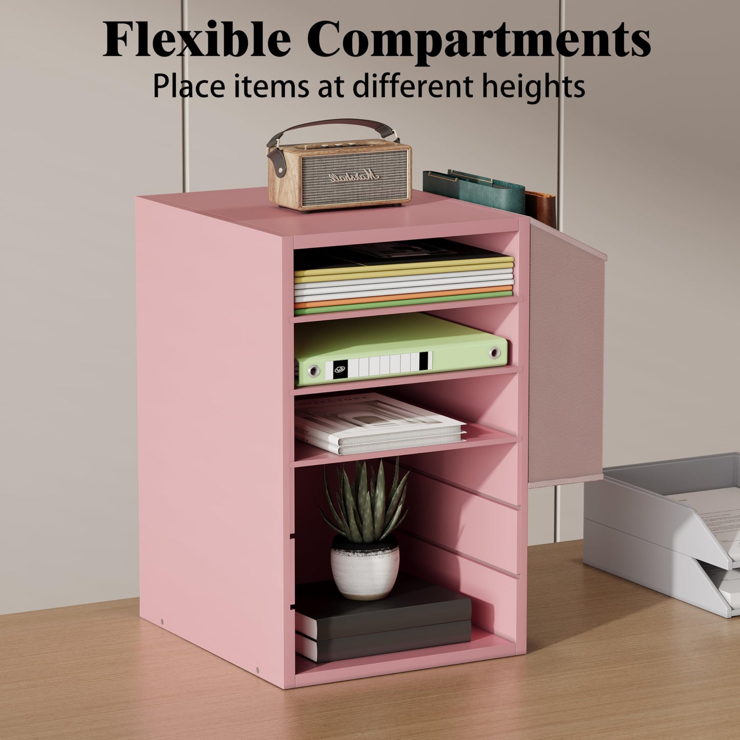 Unionly 6 Tier Adjustable Countertop Mail Sorter, Mailboxes With Name Slots, Literature Organization Paper Storage Slot, Office Desk File Organizer, Wooden Desktop Mailbox for Classroom(Pink, 6 Slots)