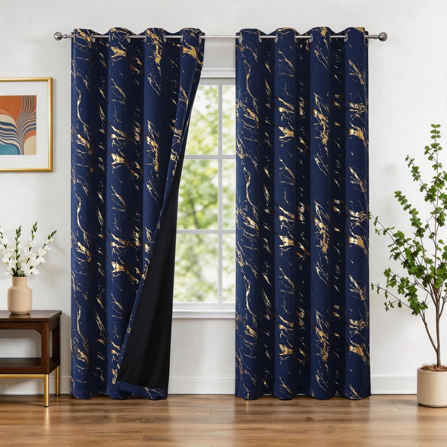 WUBODTI Navy Blue and Gold 100% Blackout Patterned Curtains 84 Inches Long 2 Panels, Gold Marble Printed Thermal Insulated Curtain Modern Abstract Drapes for Bedroom Living Room Dining Room