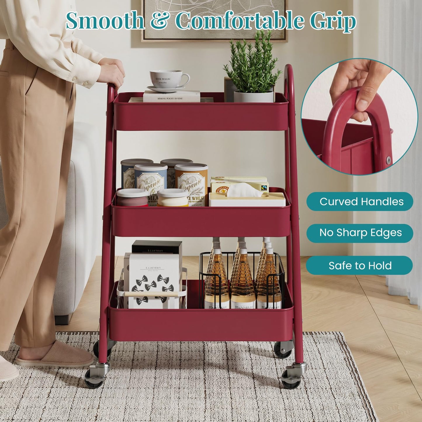 NEWBULIG 3-Tier Metal Rolling Cart with Lockable Wheels, Heavy Duty Mobile Utility Storage Shelf, Roller Book Snack Cart, Organization for Livingroom, Bathroom, Office, Red