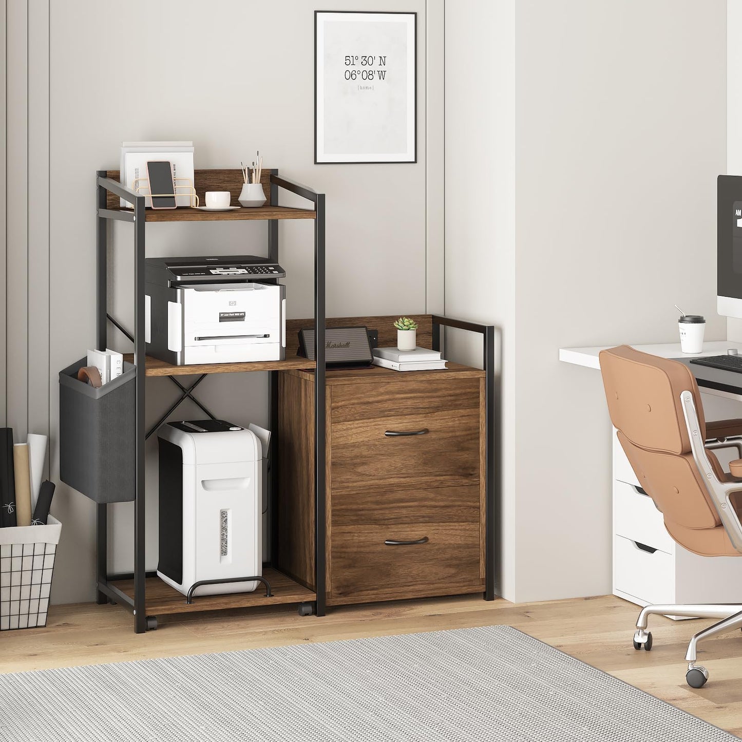 GarveeLife File Cabinet Furniture, Filing Cabinet with 2 Drawers, Rolling Printer Stand with Open Storage Shelves for Home Office, Printer Stand with Power Strip & LED Lights, 49.2" h, Rustic Brown