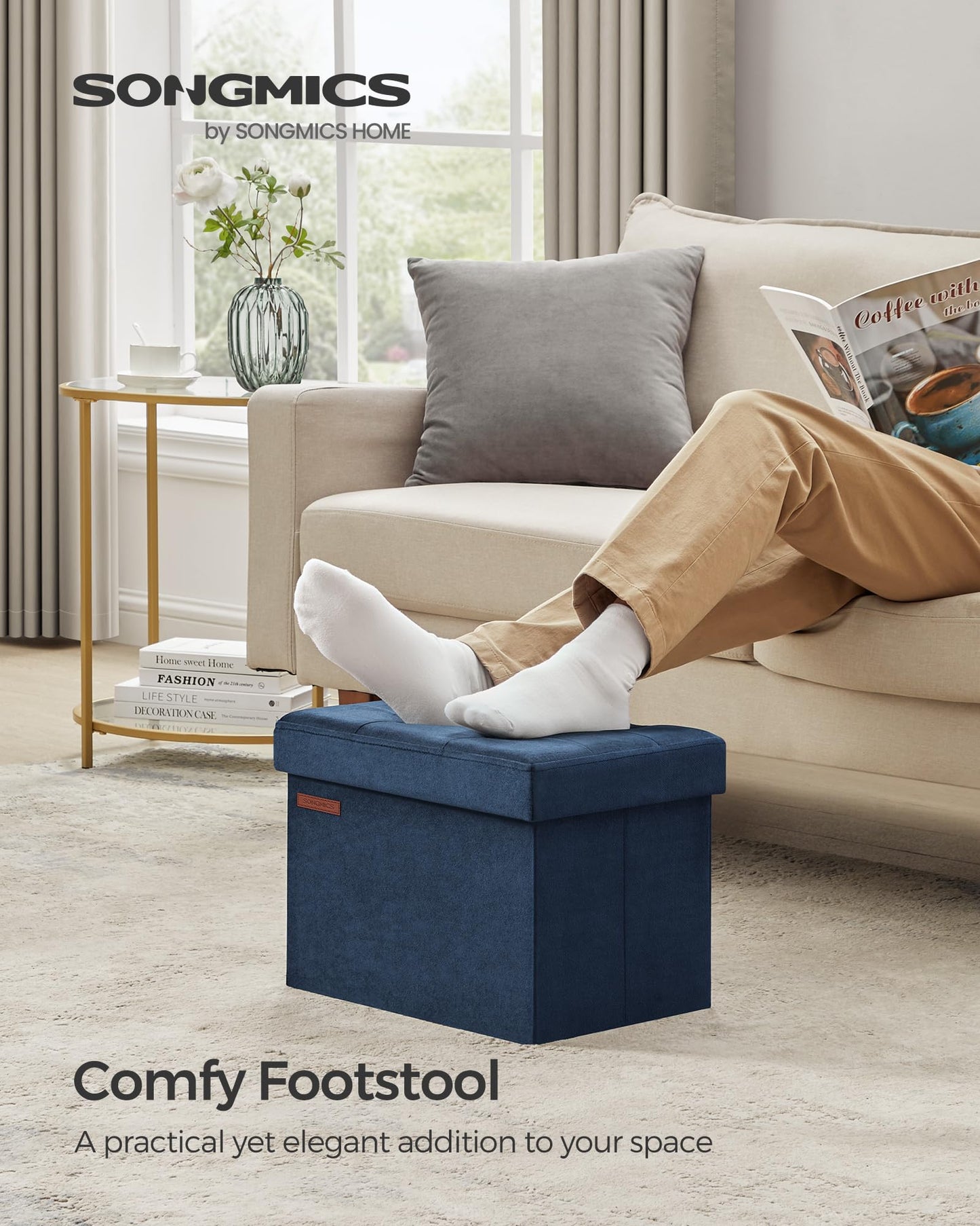 SONGMICS Storage Ottoman, Foldable Small Ottoman Foot Rest, 12.2 x 16.1 Inches Foot Stool, Load up to 286 lb, for Living Room, Bedroom, Dorm, Midnight Blue ULSF200Q01