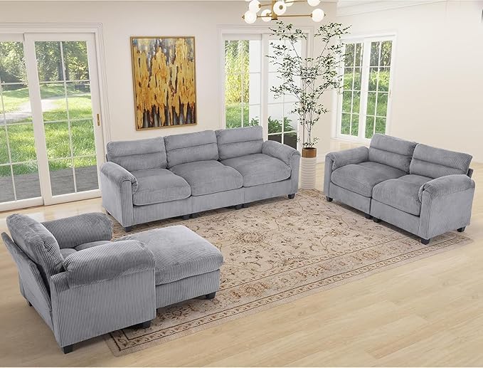 HAOMARKETS Corduroy 4-Piece Sofa Set, Upholstered Ottoman Set of 2, Loveseat