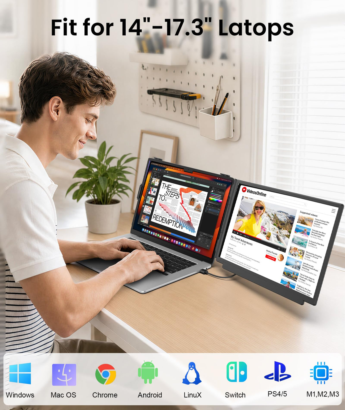 Orfibz 15.6" Laptop Screen Extender, 1080P FHD Detachable Laptop Monitor Extender, One Cable Plug & Play Portable Travel Monitor for 14"-17.3" Laptop Compatible with Wins/Mac/Chrome/Android