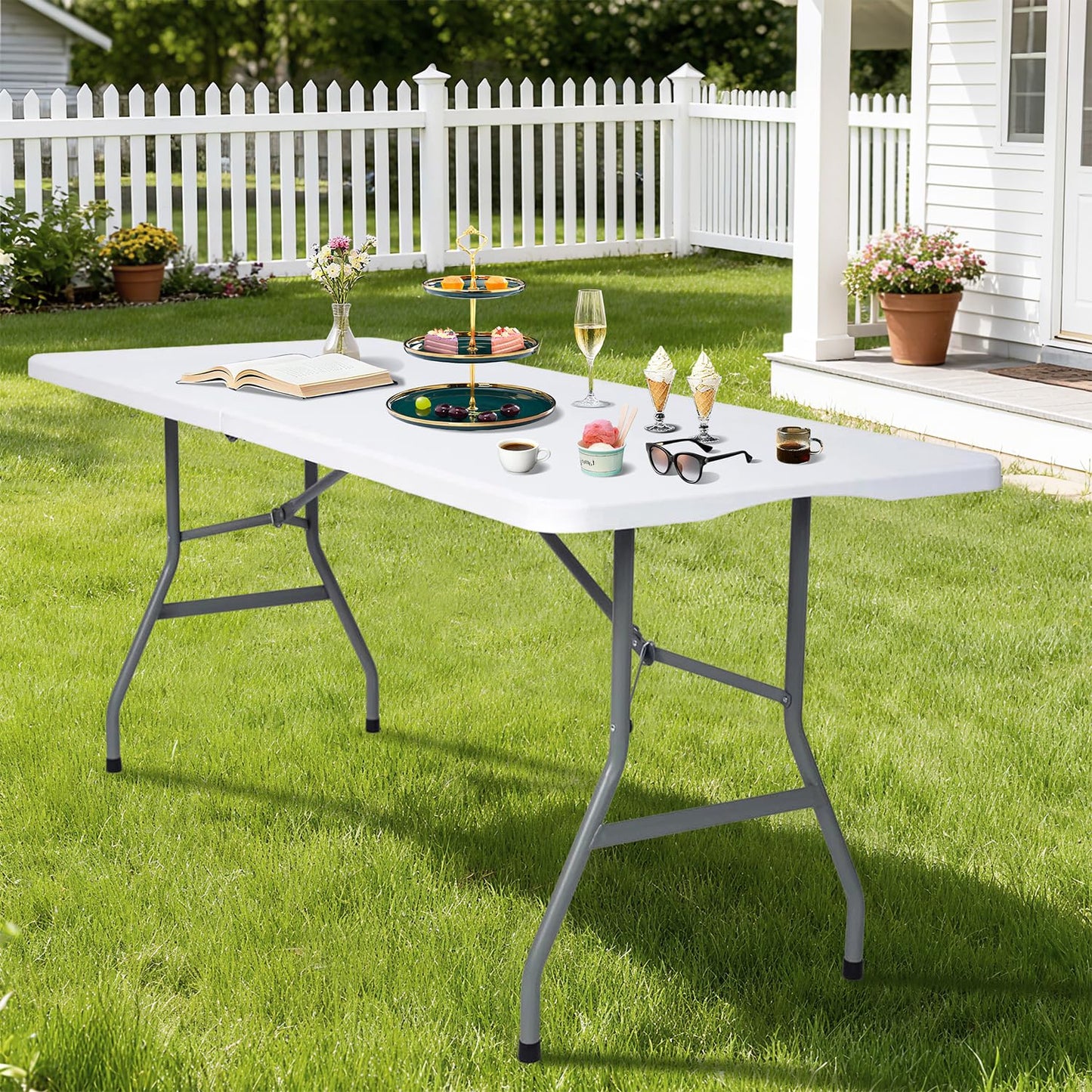 Vampire Killer Folding Table 6ft Foldable Table with Built in Handle & Steel Legs / 6FT Heavy Duty Folding Portable,Perfect for Party, Dining Indoor/Outdoor Events, Tailgating & Backyard BBQ, White