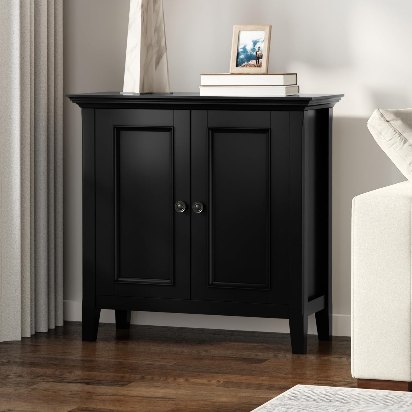 SIMPLIHOME Amherst 32-inch Wide Solid Wood Transitional-Style Low Storage Cabinet in Black for Living Room, Entryway, or Dining Area with Adjustable Shelves