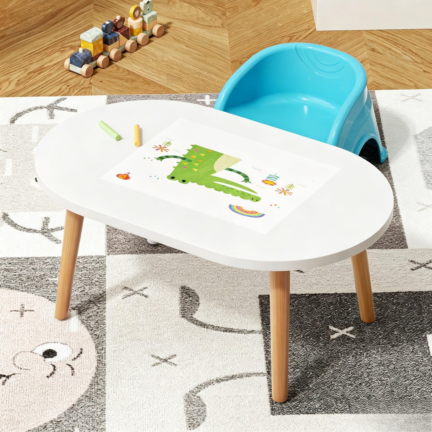 FAMIDGE Coffee Table, 23.6" Small Oval Coffee Tables for Small Space with 4 Solid Wood Leg, Floor Table Desk for Sitting on The Floor, Side Table Japanese Low Table for Living Room Apartment, White