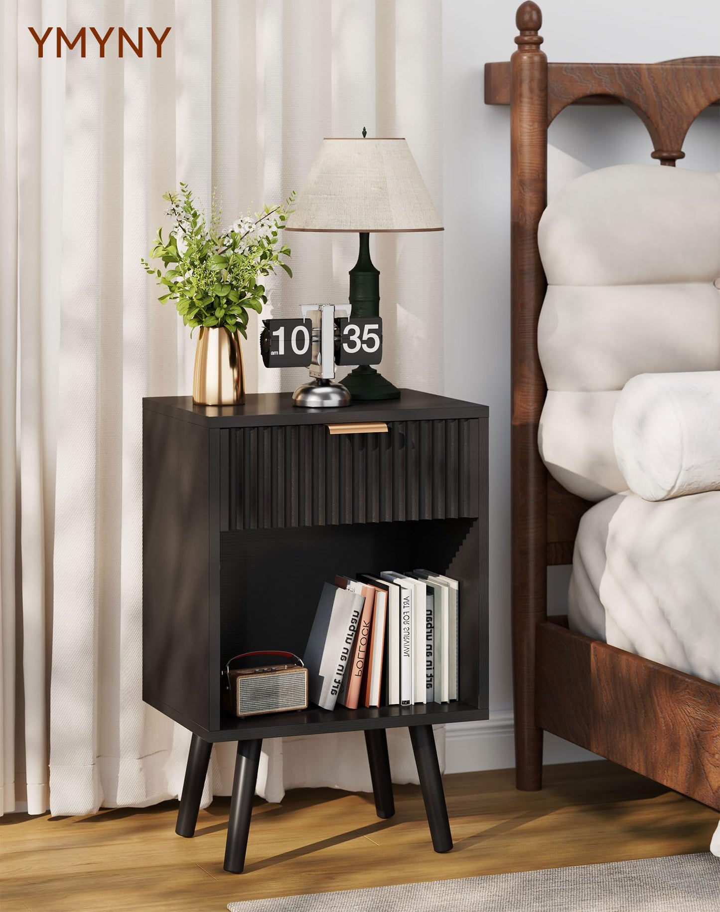YMYNY Mid Century Modern Nightstand Set of 2, Side Table with Fluted Drawer, Open Shelf Unit, Golden Handle, Solid Wood Legs, Bedside Table, for Bedroom, Black UHST013B-2