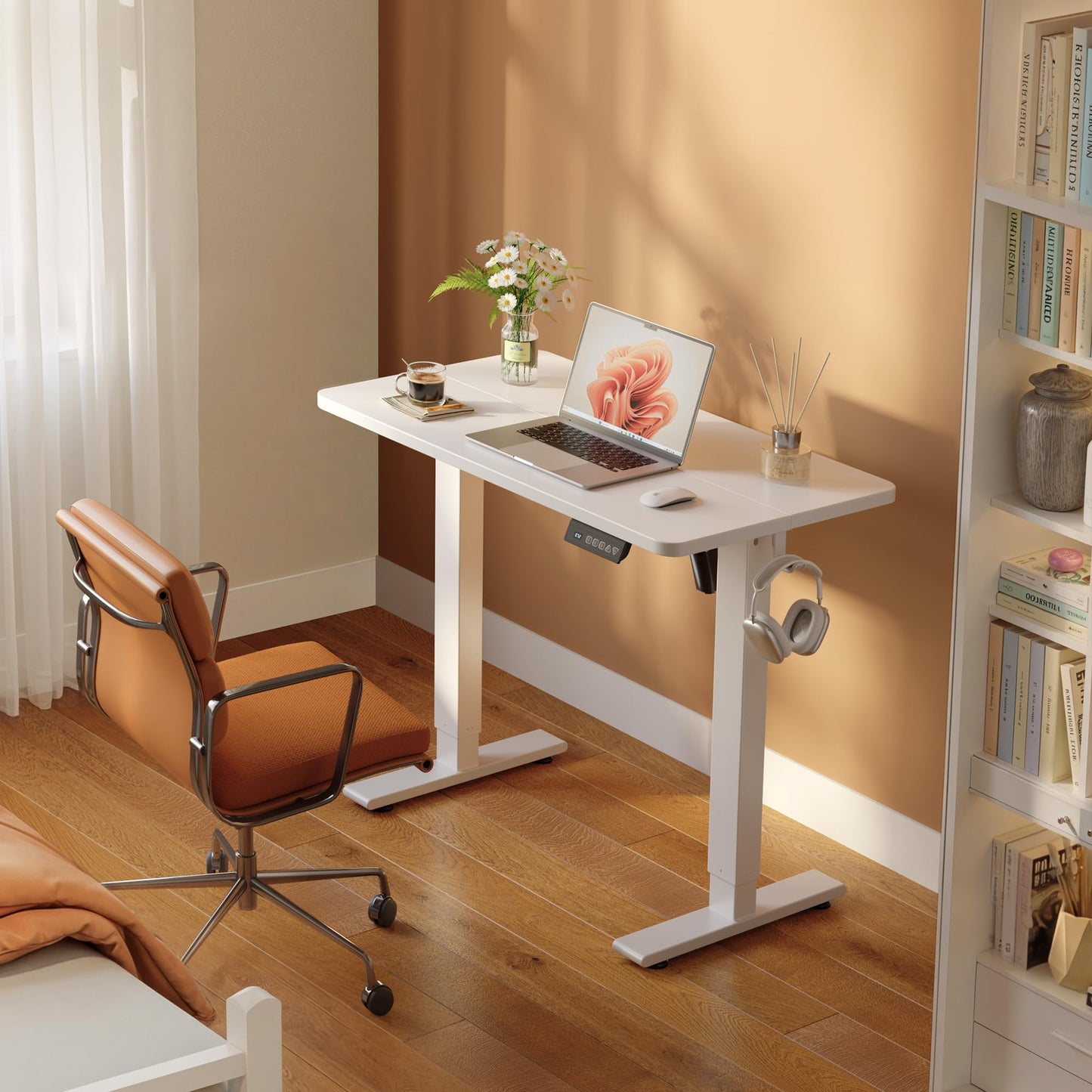 FEZIBO 32" Small Electric Standing Desk Adjustable Height, 3 Memory Height Settings, Sit Stand Up Desk for Home Office & Computer Workstation, White