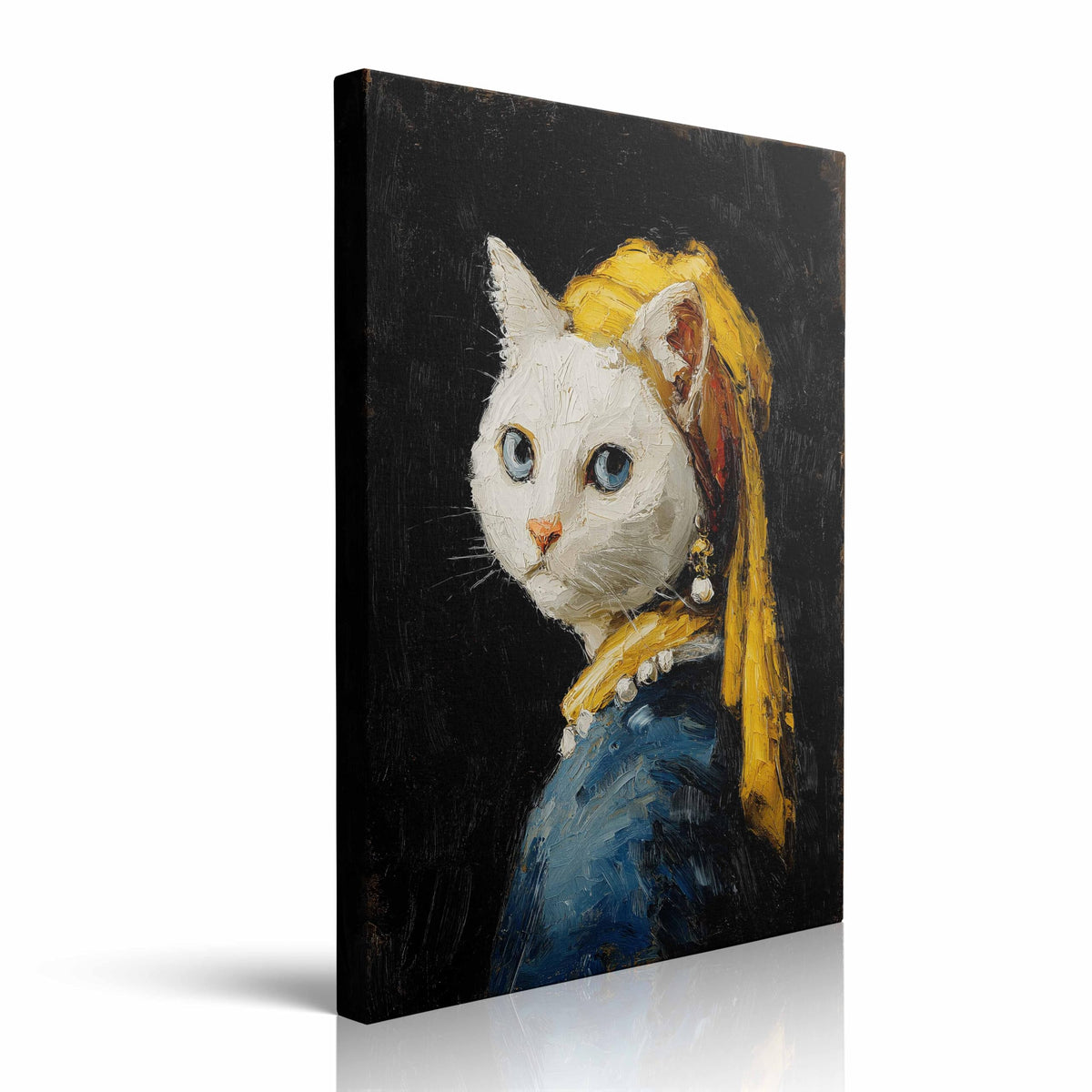Whimsical Cat Portrait Canvas Wall Art Framed Oil Painting Inspired by Classic Masterpiece with Pearl Earring Yellow Scarf Blue Eyes Modern Humorous Wall Decor Artwork for Bathroom Office 12x16 Inches