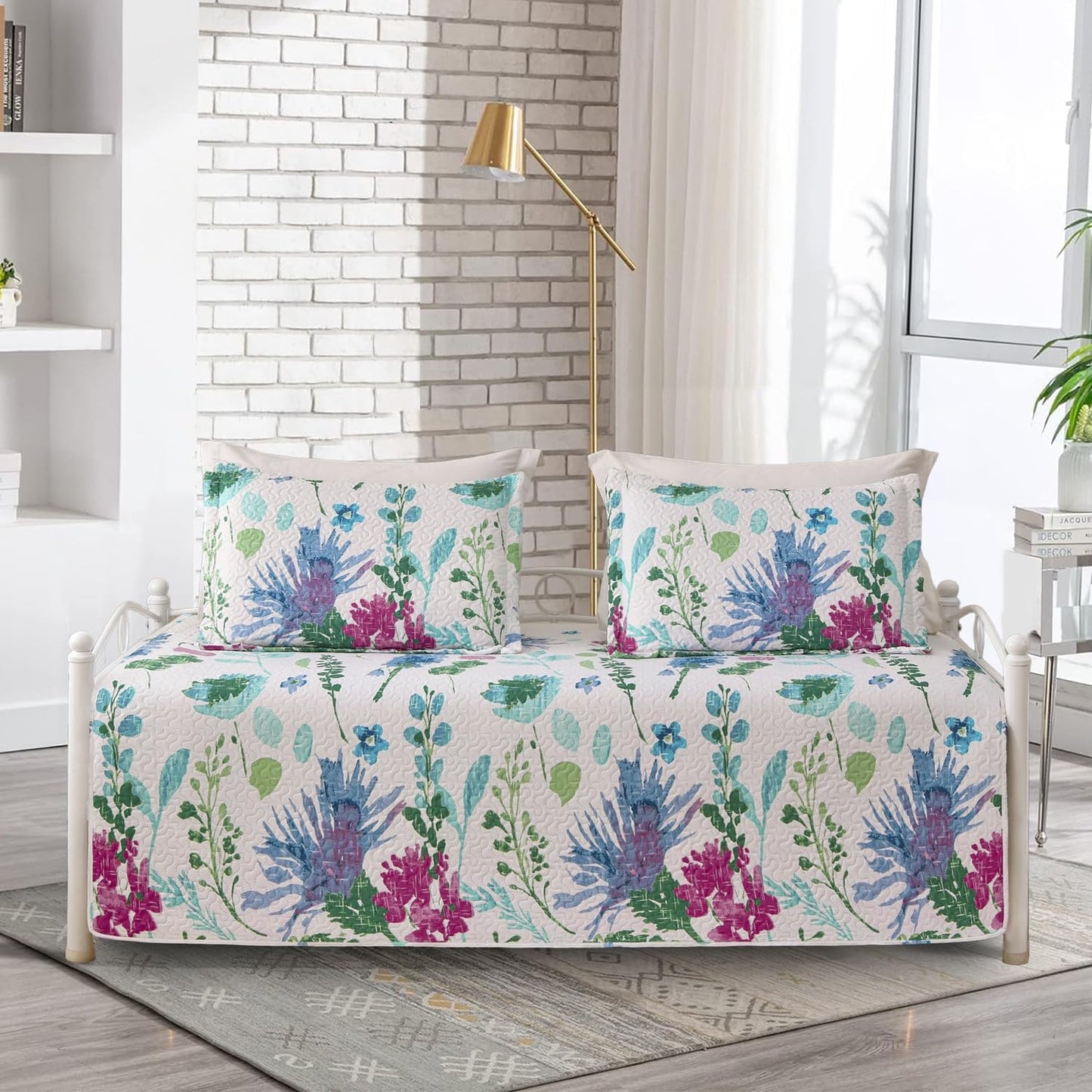 Jarson 3 Pcs Floral Daybed Cover Set Twin Size Purple Green White Flower Sofa Cover Bedding Sets Double Side Bed Set for All Season Botanical Pattern Daybed Quilt Set with Pillow Shams