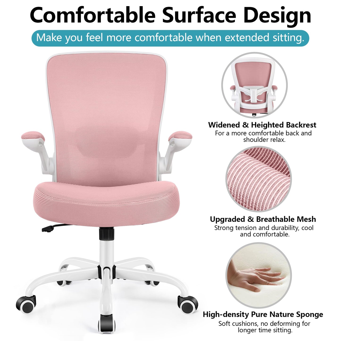 FelixKing Office Chair, Ergonomic Desk Chair Breathable Mesh Chairs Adjustable High Back Lumbar Support Flip-up Armrests, Executive Rolling Swivel Comfy Computer Chairs Home Office Rose Quartz