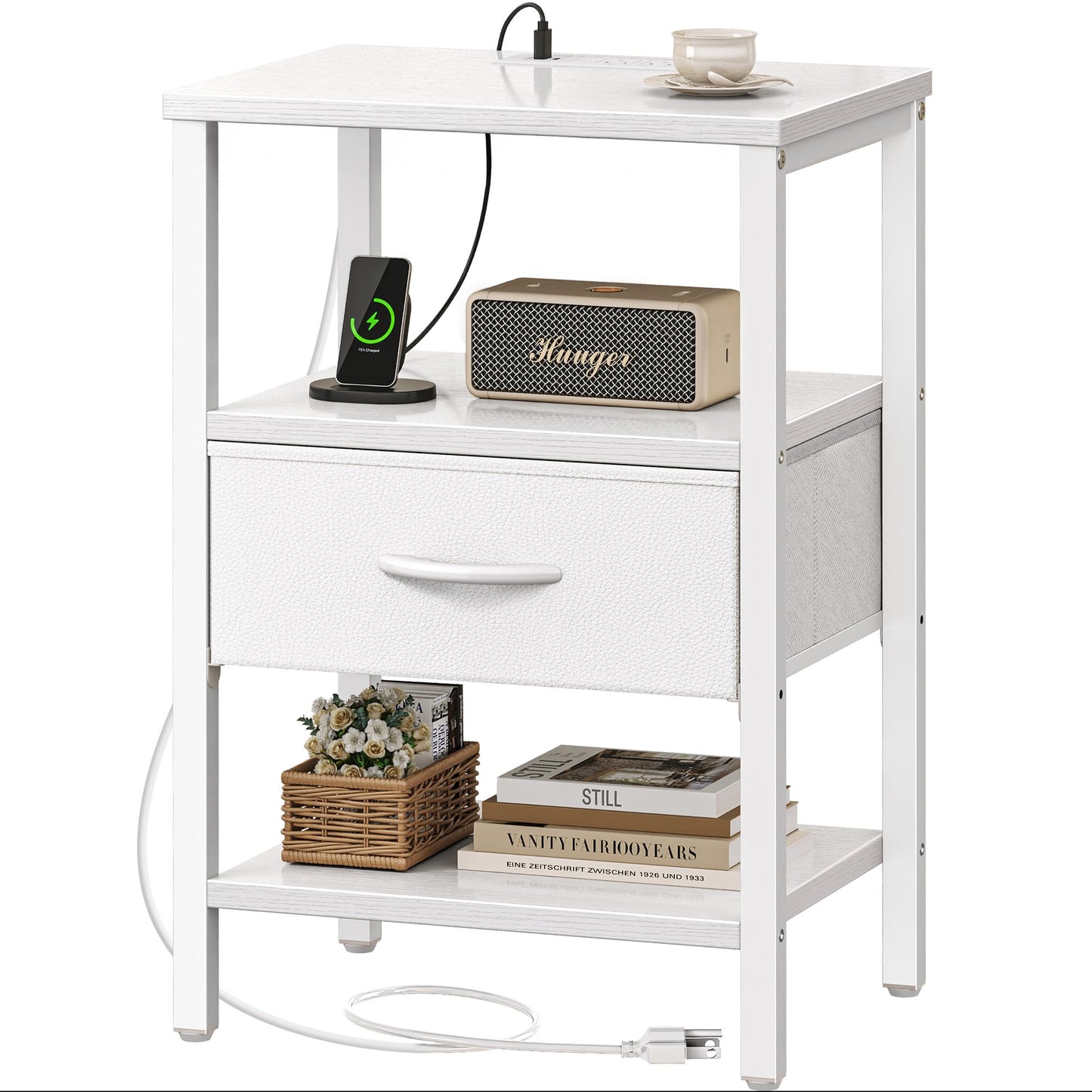 SUPERJARE Nightstand with Charging Station, Bed Side Table with Adjustable Fabric Drawer, Night Stand for Bedroom, 3-Tier Storage End Table, for Living Room, White