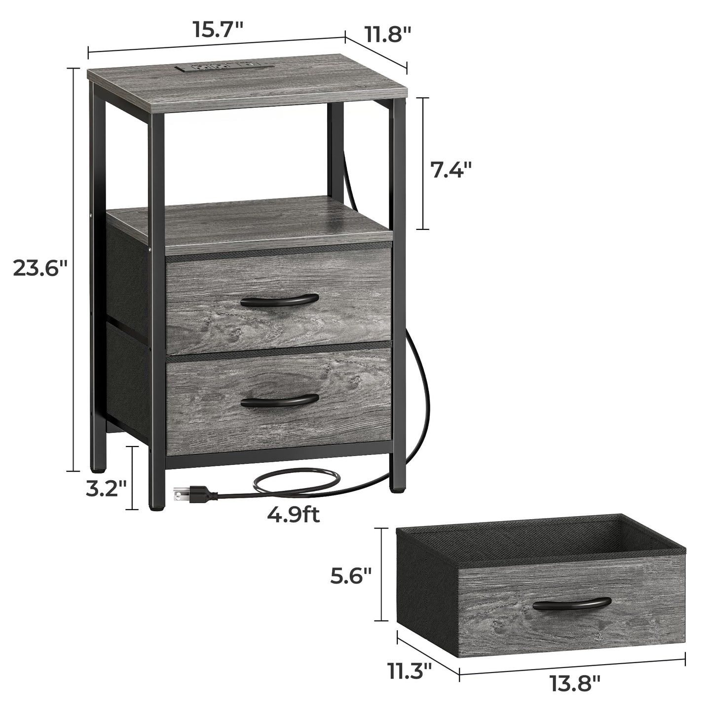 Huuger Nightstand with Charging Station, Fabric Drawers, End Table with Open Shelf, Bedside Table with USB Ports and Outlets, Night Stand for Bedroom, Gray