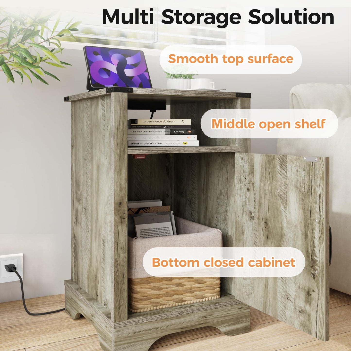 RoyalCraft Farmhouse Nightstand, End Table with Charging Station, Tall Bedside Table with Large Storage Room and Shelf, Wooden Rustic Side Table for Bedroom, Home Office, Light Grey