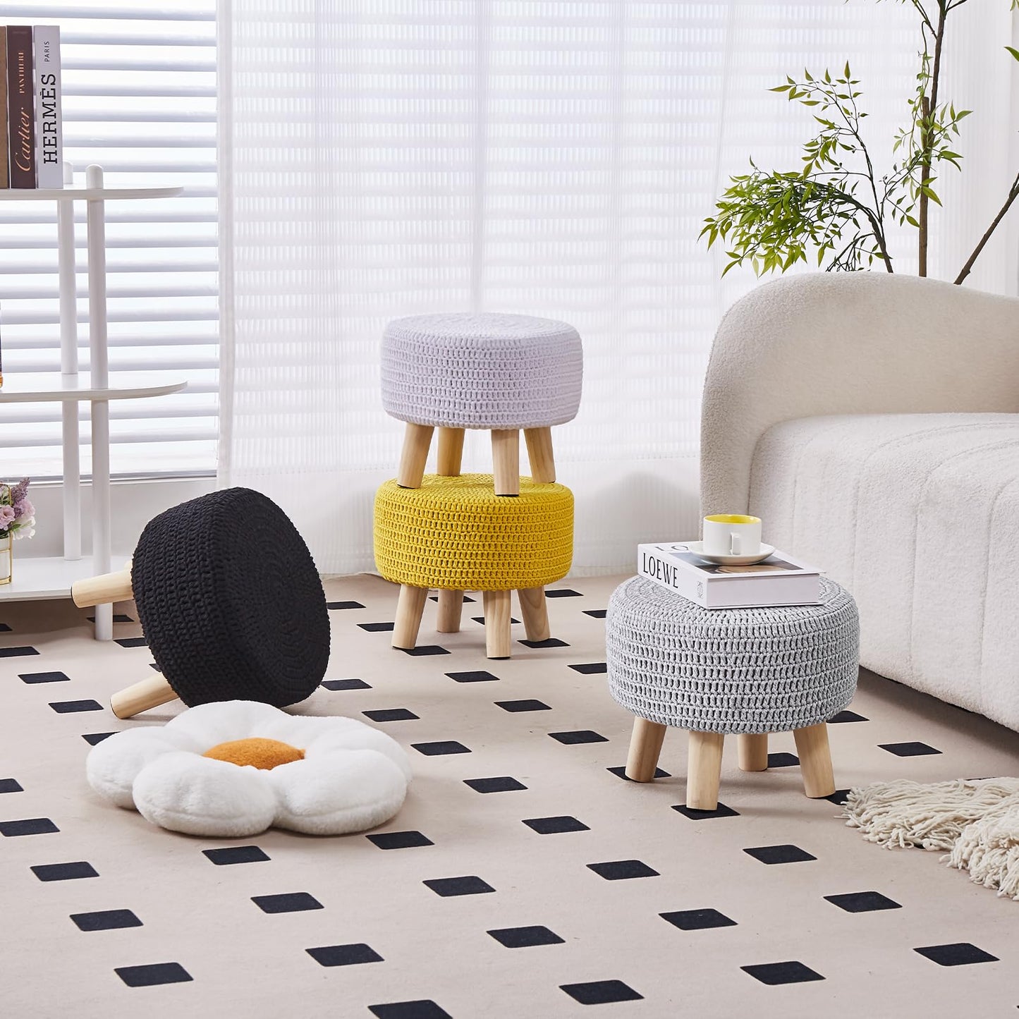 Wimarsbon Small Ottomans, 100% Hand Knitted Pouf Ottoman, Round Footrest with 4 Non-Skid Wood Legs, Boho Décor Cotton Rope Pouffe, Leisure Floor Step Chair for Living Room (Black)