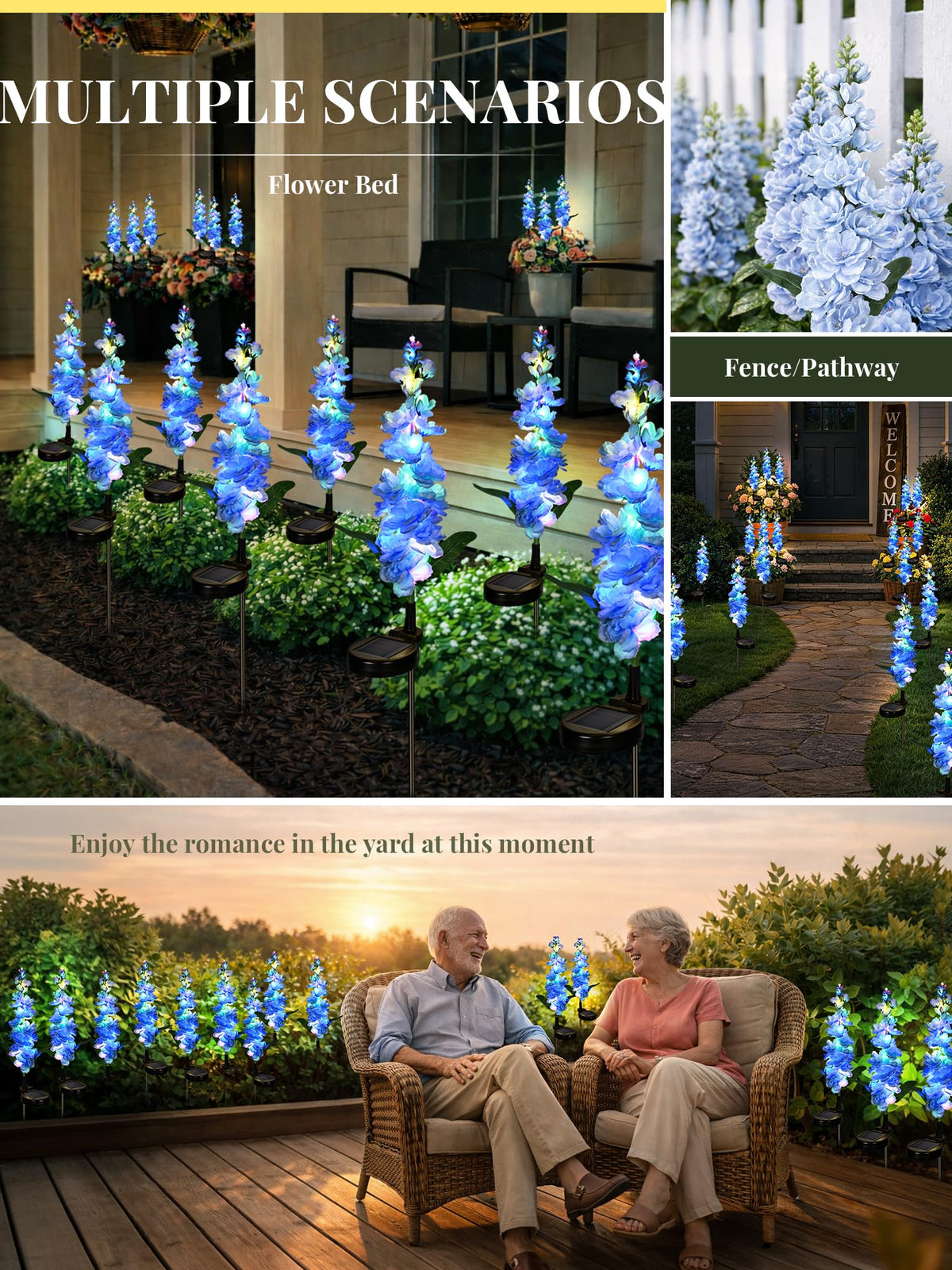 GIGALUMI Solar Lights Outdoor for Garden Decor, 3 Pack Solar Flower Lights Waterproof, 2 Lighting Modes Delphinium for Pathway,Yard, Patio Decoration, Gardening Gifts for Women (Blue)