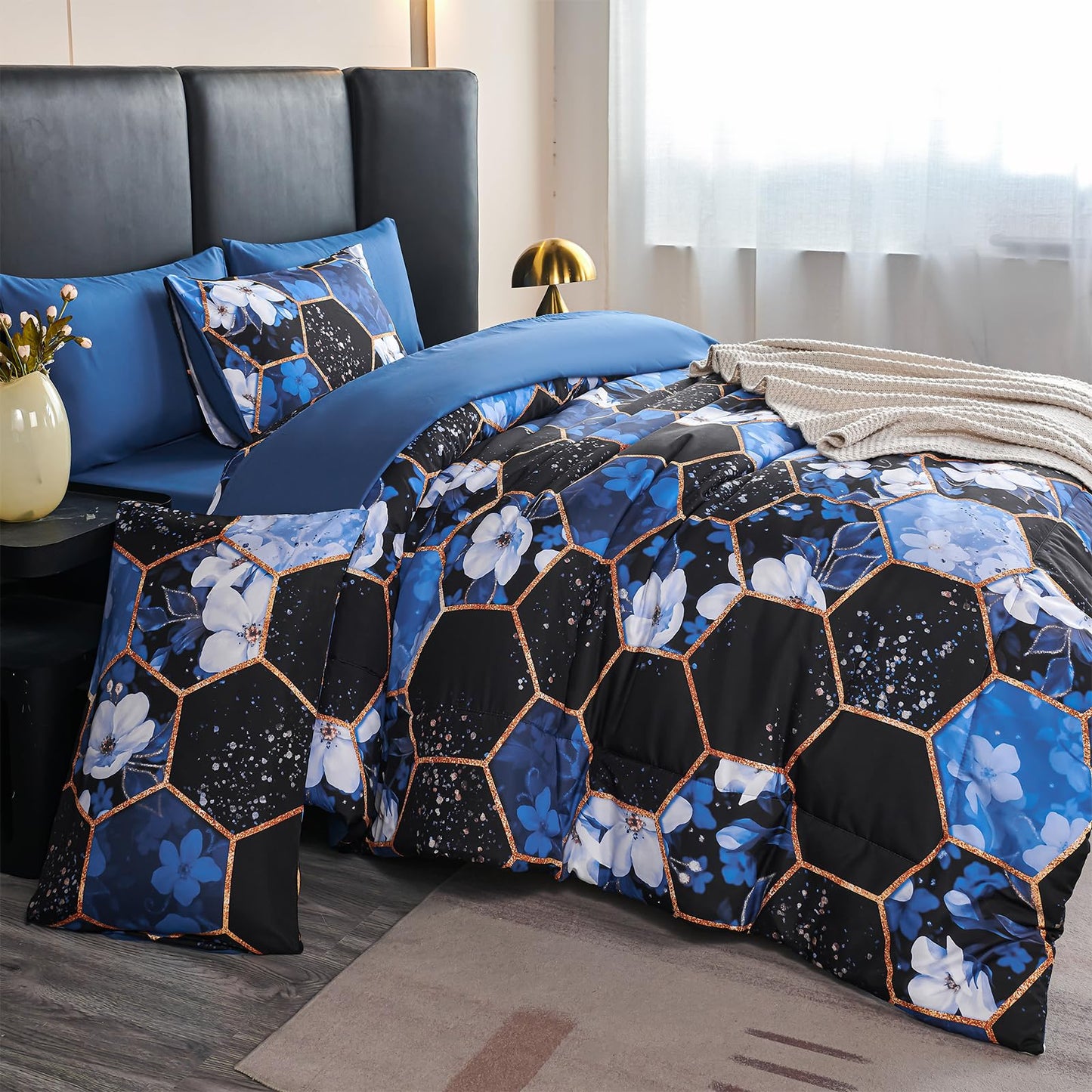ZRNBAST Queen Comforter Set 7 Pieces Blue Floral Bedding Set, Geometric Bed in A Bag with Sheets and Pillowcases, Soft Microfiber Complete Bedding Sets for All Season(Blue Floral,Queen)