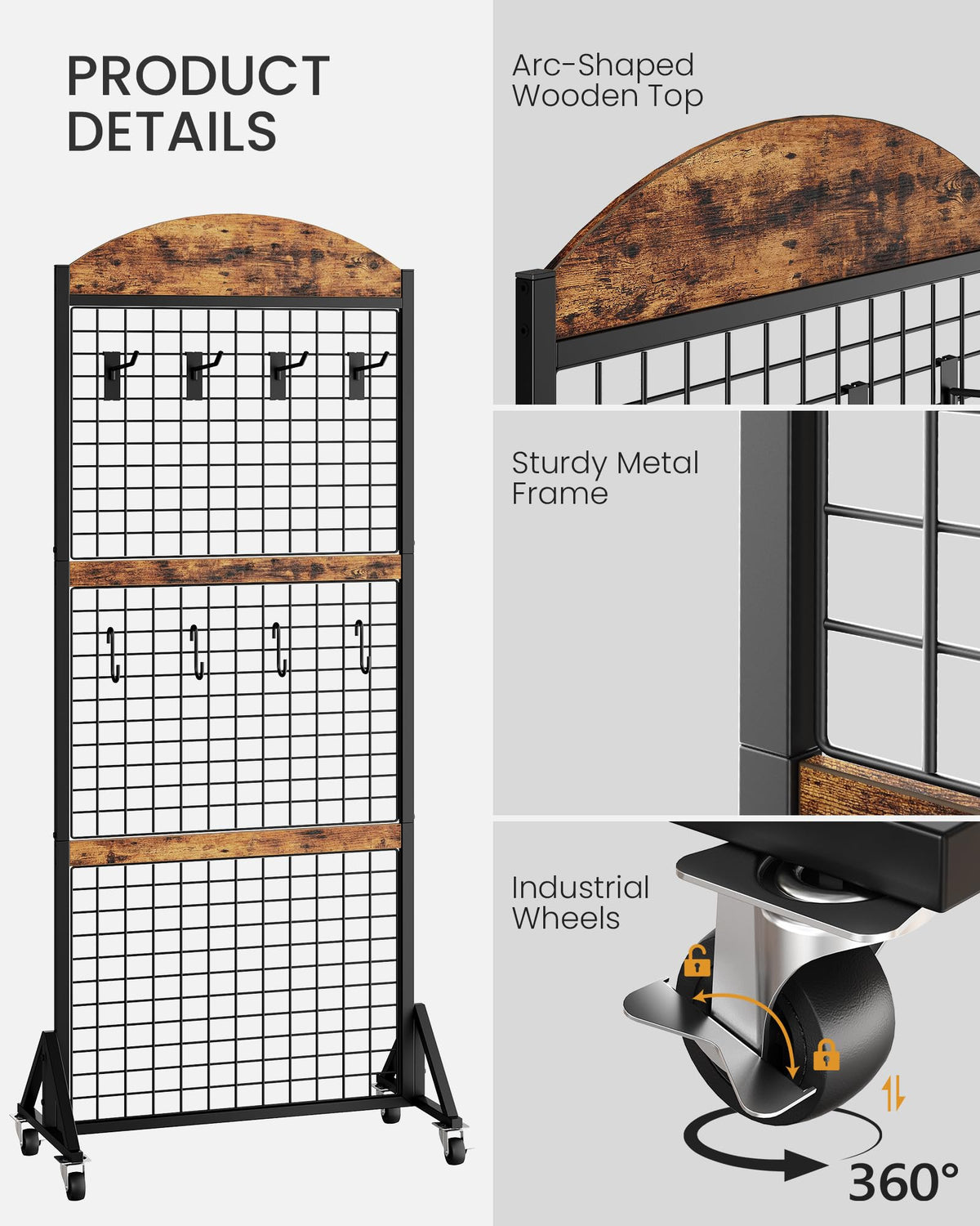 CHOEZON Grid Wall Panel 5.7’ x 2’ FT Grid Display Rack, Movable Gridwall Display Stand with Wheels,Floorstanding Wire Grid Rack with 4 S-Shaped Hooks and 4 Garment Hooks Rustic Brown and Black TCJ17BF