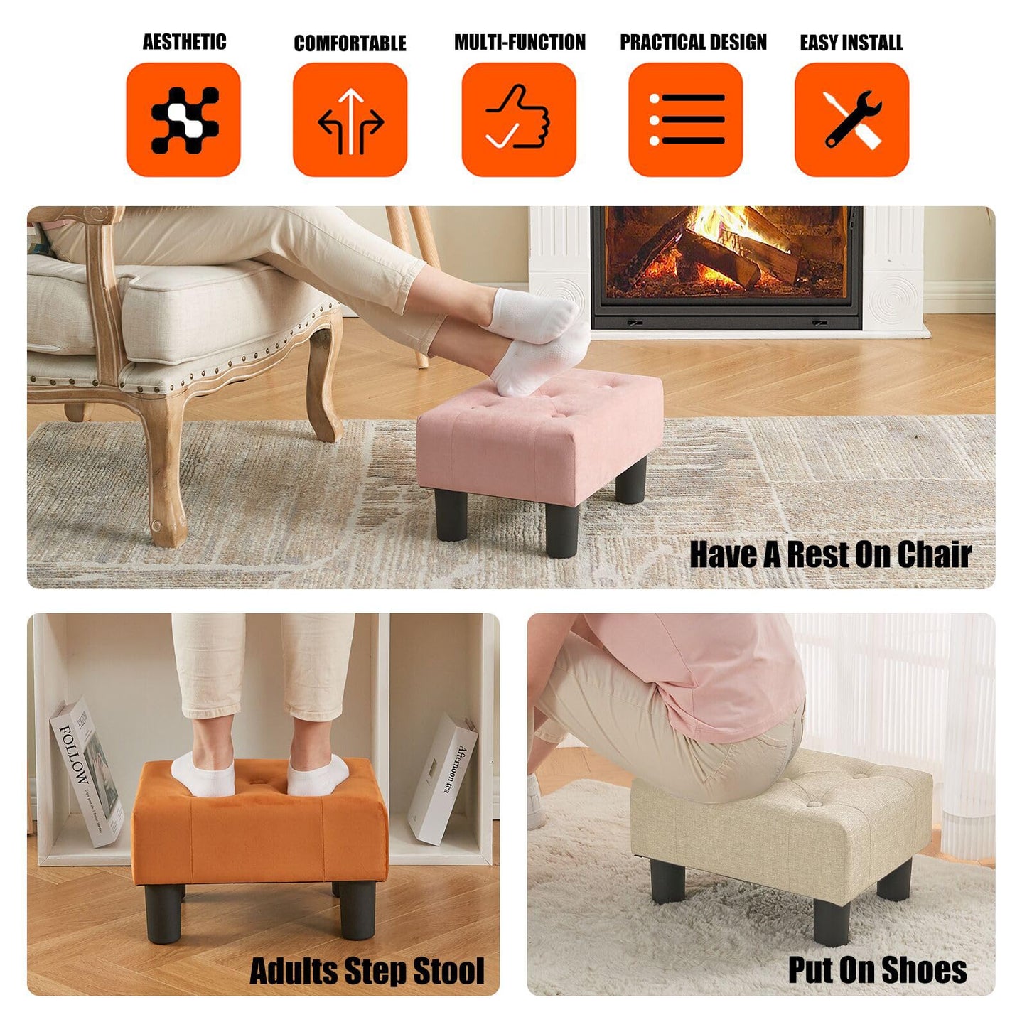 BRIAN & DANY Small Foot Stool, Linen Foot Stools with Legs, Stable Small Footstool for Living Room, Beige