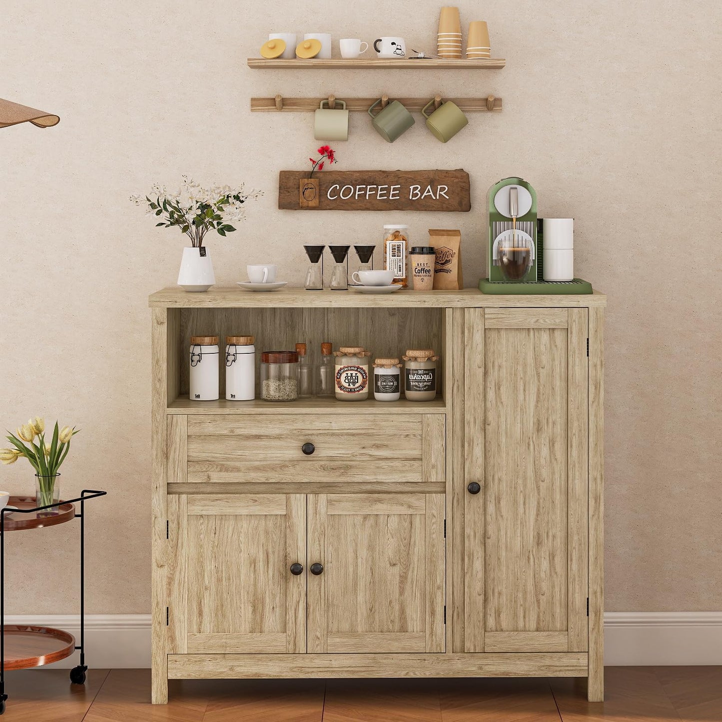 Viaozutis Coffee Bar Cabinet with Doors and Drawer, 35.4" Kitchen Storage Cabinet with Adjustable Shelf, Freestanding Buffet Sideboard for Dining Room, Bathroom, Entryway（Grey）