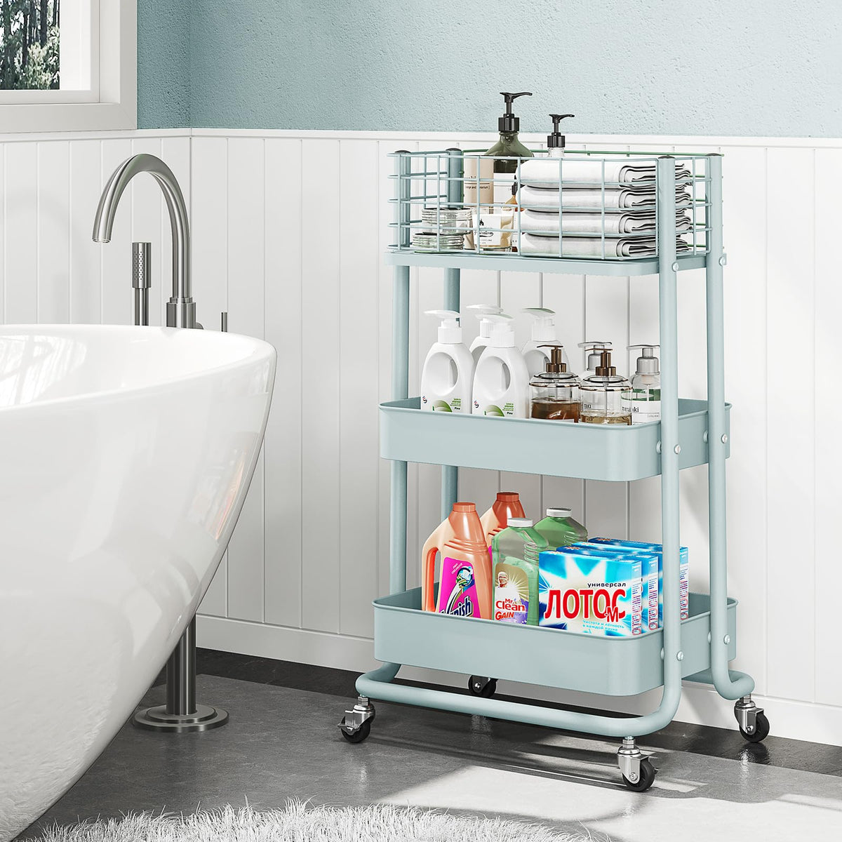 KINGRACK 3 Tier Rolling Cart, Metal Mobile Storage Shelf with Lockable Wheels, Prevent Falling Utility Trolley Cart, Storage Organizer for Kitchen, Office, Bathroom, Dorm, Green