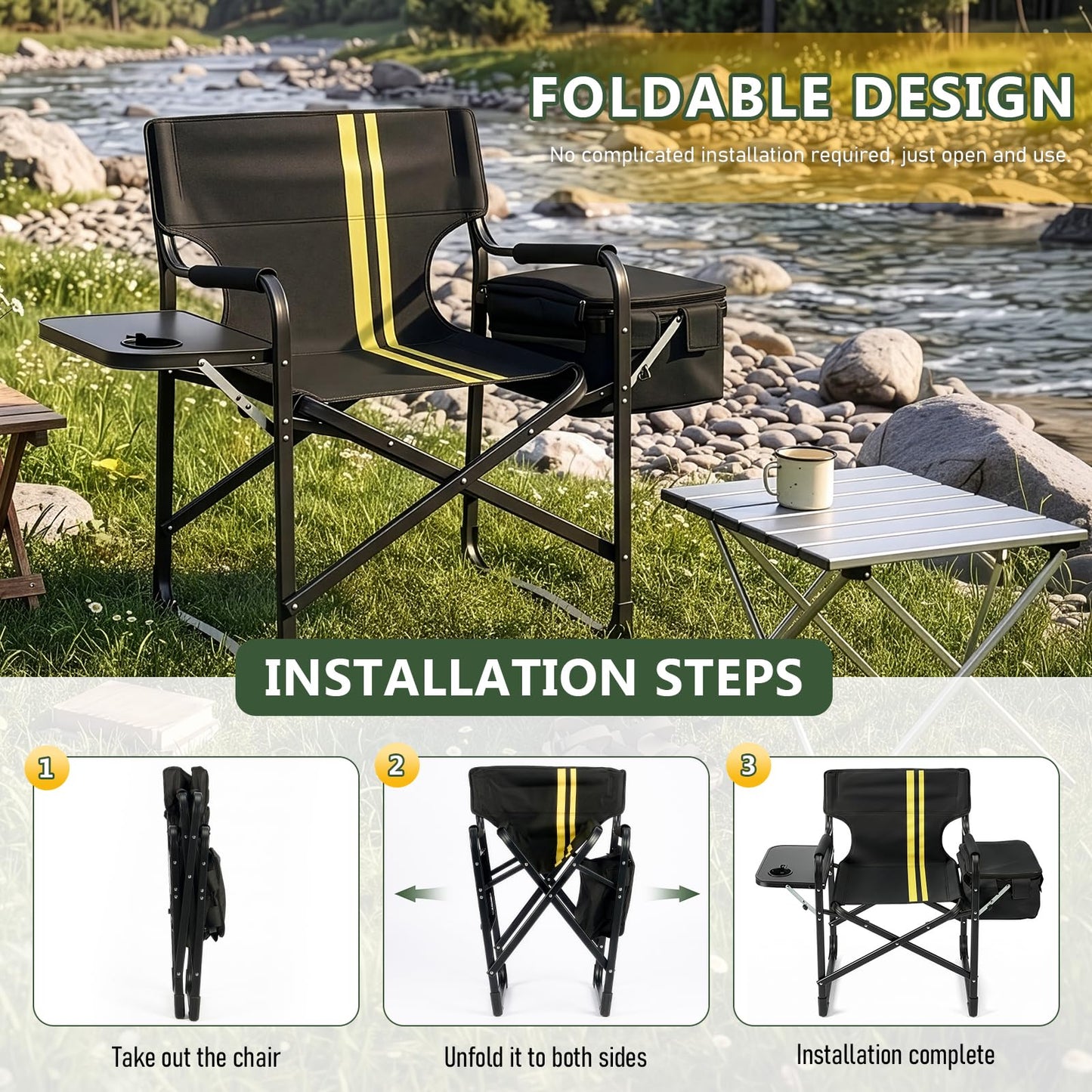 Outvita Heavy Duty Folding Camping Director Chair with Insulated Cooler Bag, Side Table & Cup Holder, 300LBS Sturdy Portable Chair for Camping Fishing Tailgating Backyard BBQ