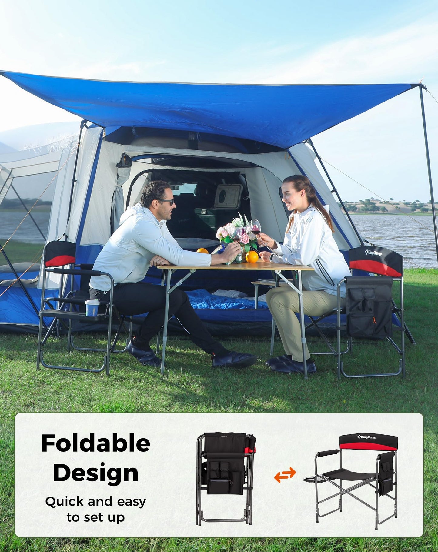 KingCamp Director Chair – Heavy Duty 400lb Capacity Camping Chair with Side Table Storage Pocket, Foldable for Big & Tall Adults, Padded Seat & Armrests, for Tailgating Sports Backyard Fishing, Red