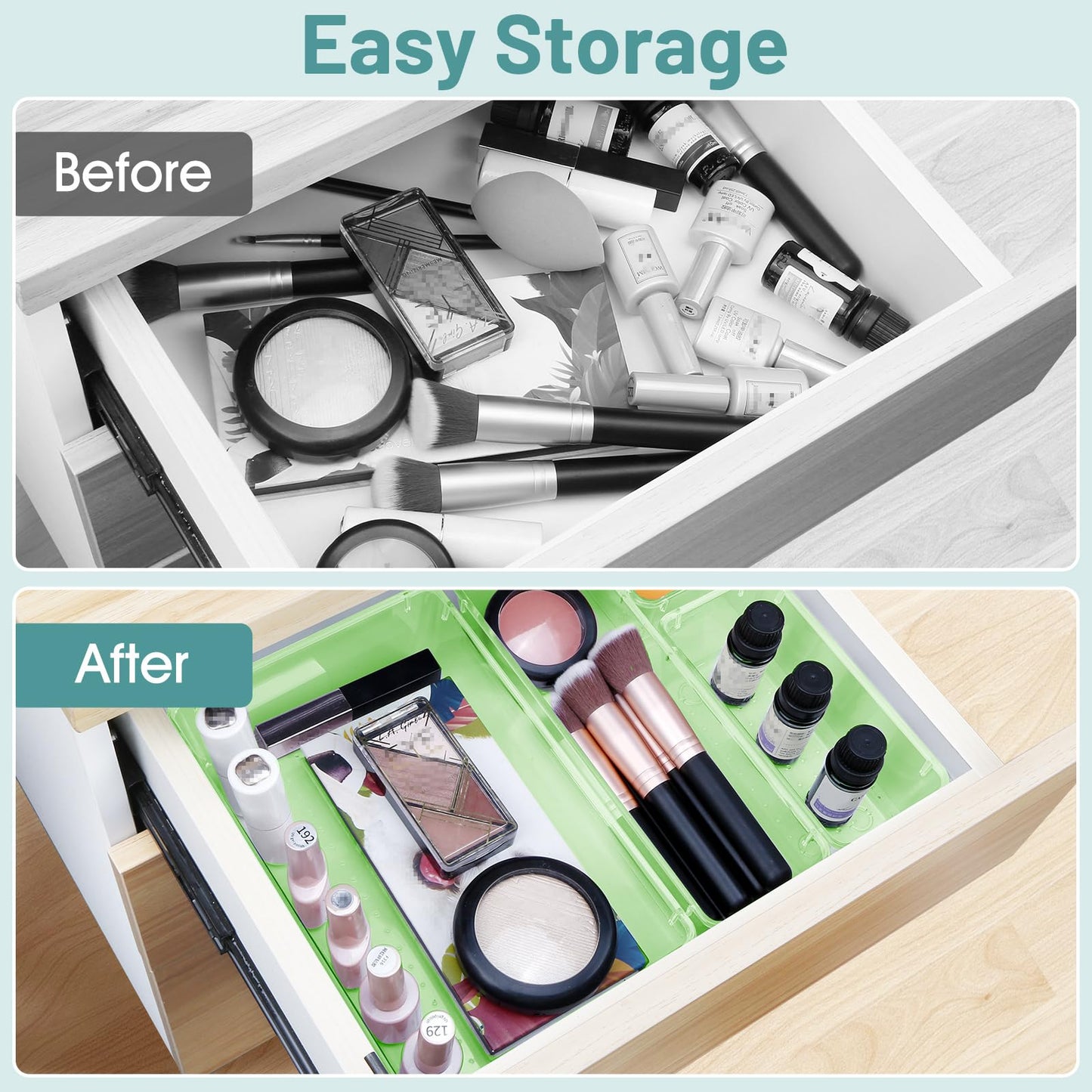 WOWBOX 25 PCS Plastic Drawer Organizer Set, 4 Sizes Desk Drawer Divider Organizers and Storage Bins for Makeup, Jewelry, Gadgets for Kitchen, Bedroom, Bathroom, Office, Clear Green