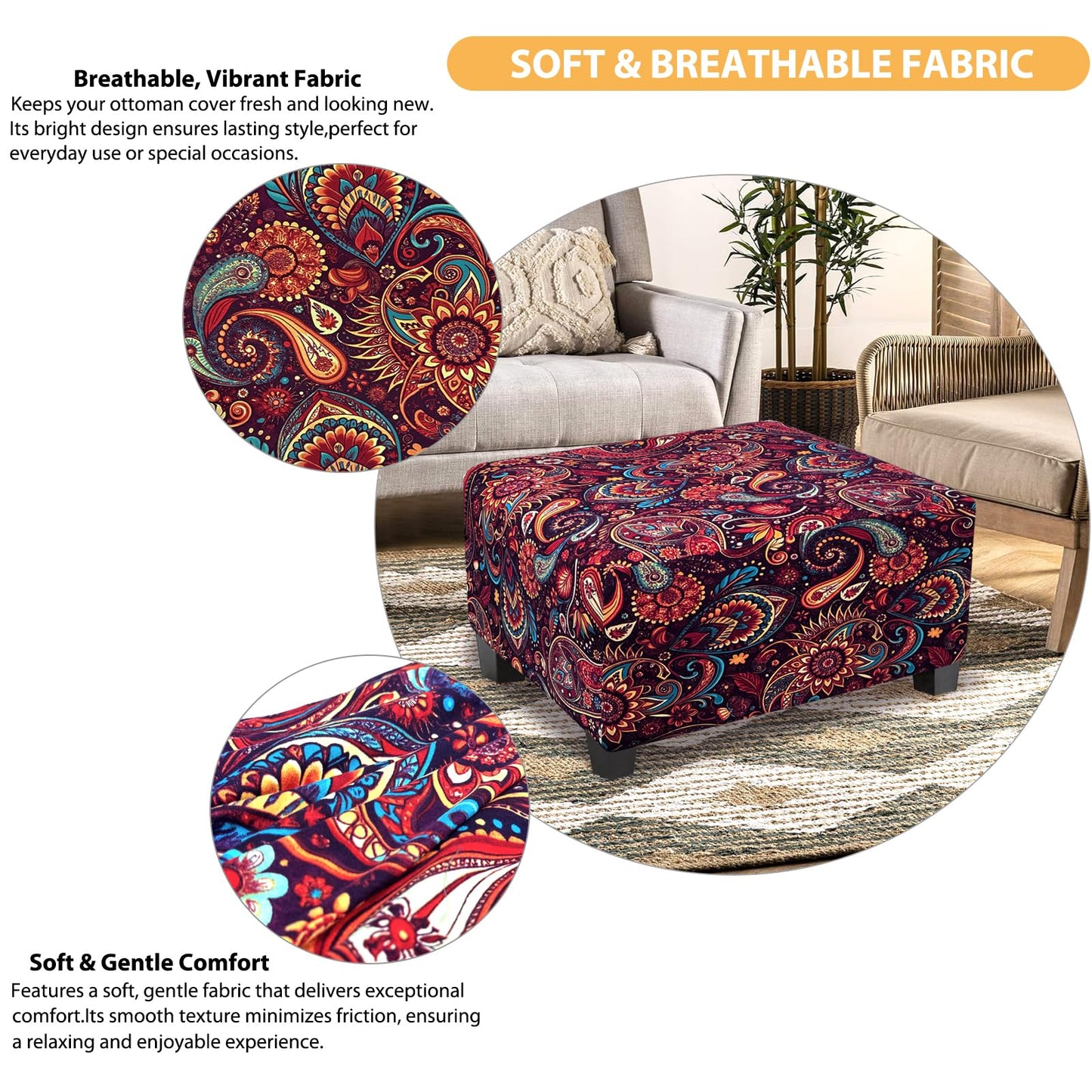 TOPHMDECOR Ottoman Cover Rectangle Printed,Stretch Footstool Slipcover with Elastic Bottom,Soft Fabric Protector for Rectangular Ottoman in Living Room or Bedroom,Medium,Flower E