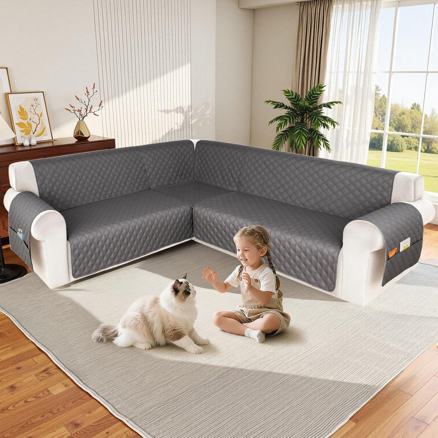 HDCAXKJ Waterproof Sectional Couch Cover L Shaped Sofa Covers Washable Corner Sectional Slipcovers Dog Pet Proof U Shape Furniture Protector with Upgraded Anti Slip Strips (X-Large, Dark Grey)