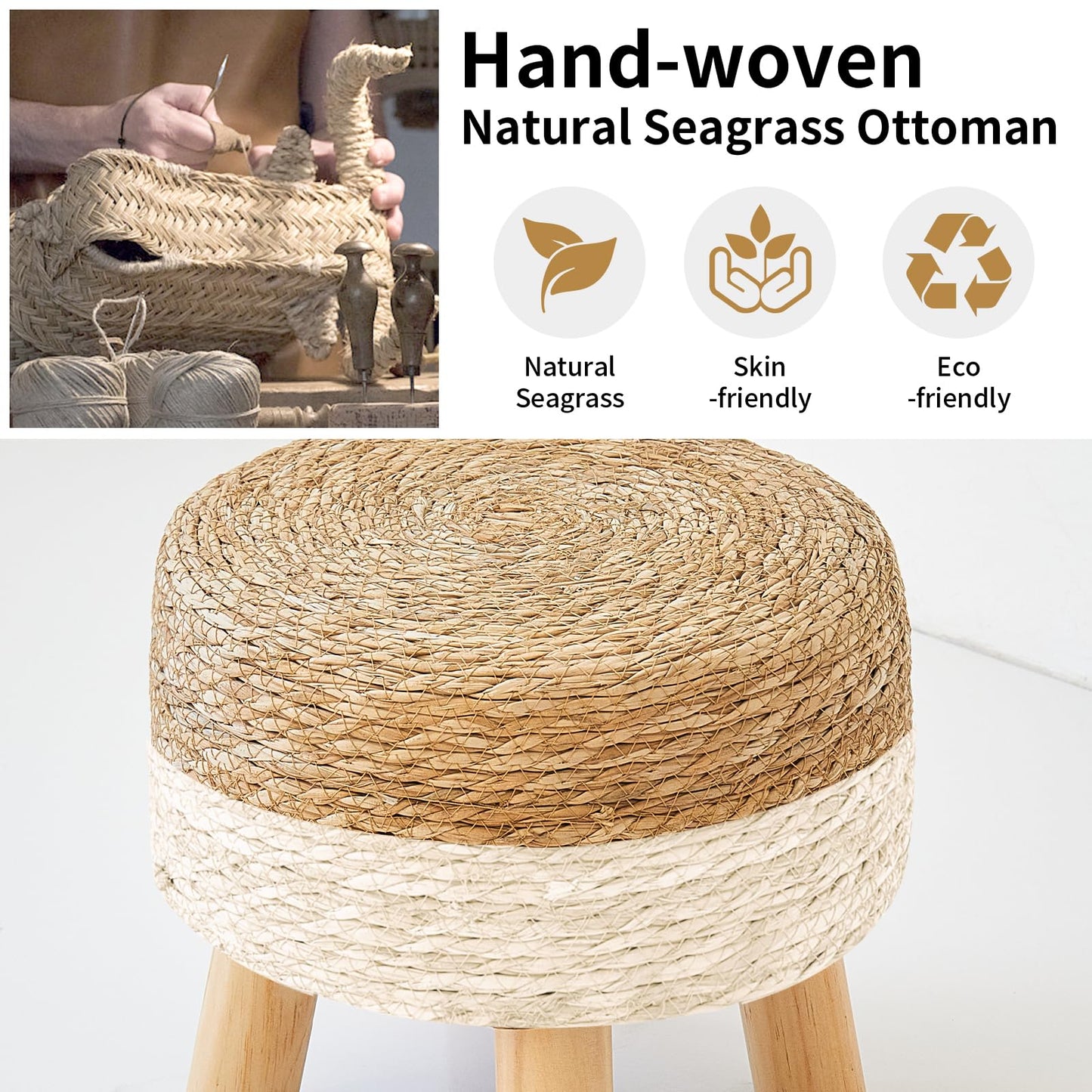 ALeesing Round Ottoman, Natural Seagrass Footstool with 4 Wood Legs, Multifunctional Modern Dressing Stool and Sofa Side Table for Bedroom (White)