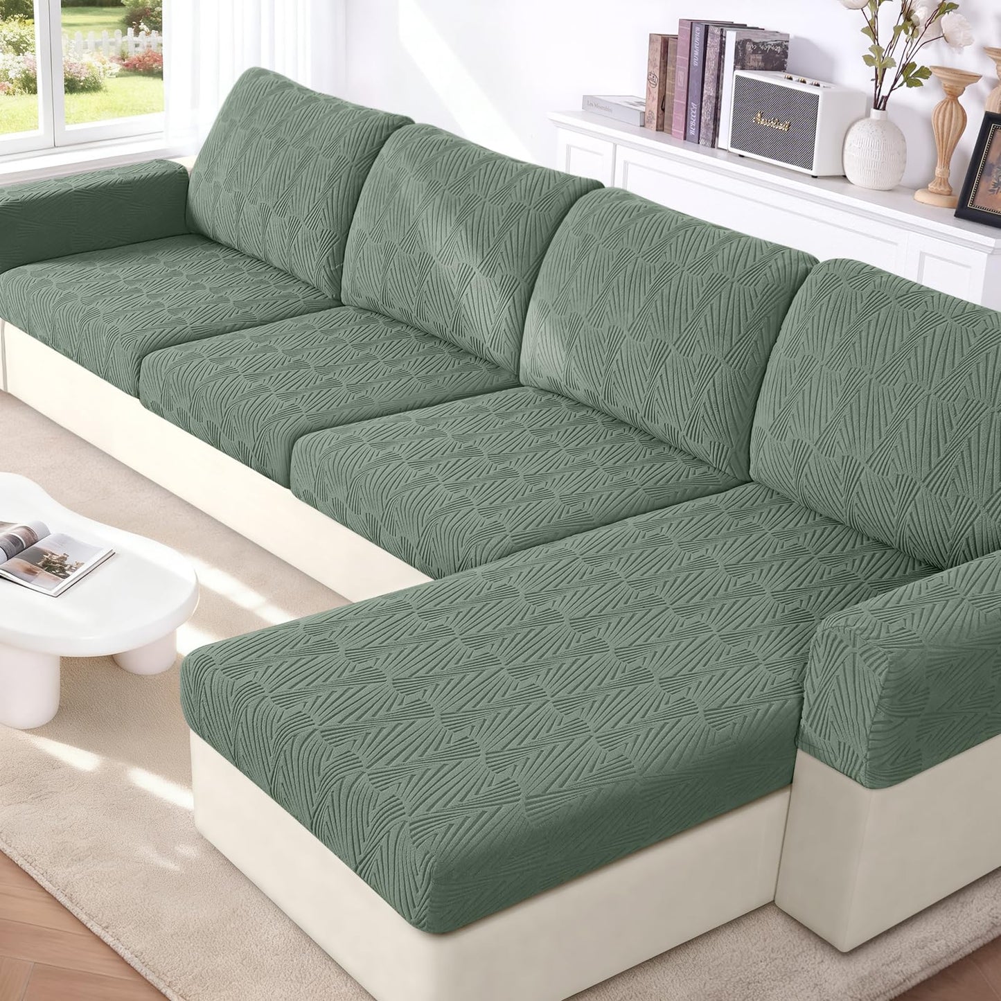 VANSOFY Couch Cushion Covers for Sectional Sofa, Stretch Jacquard Couch Seat Cushion Covers, Individual Washable Furniture Protector Sofa Slipcovers for Pet (3Pc Seater or Back Cover, Bean Green)