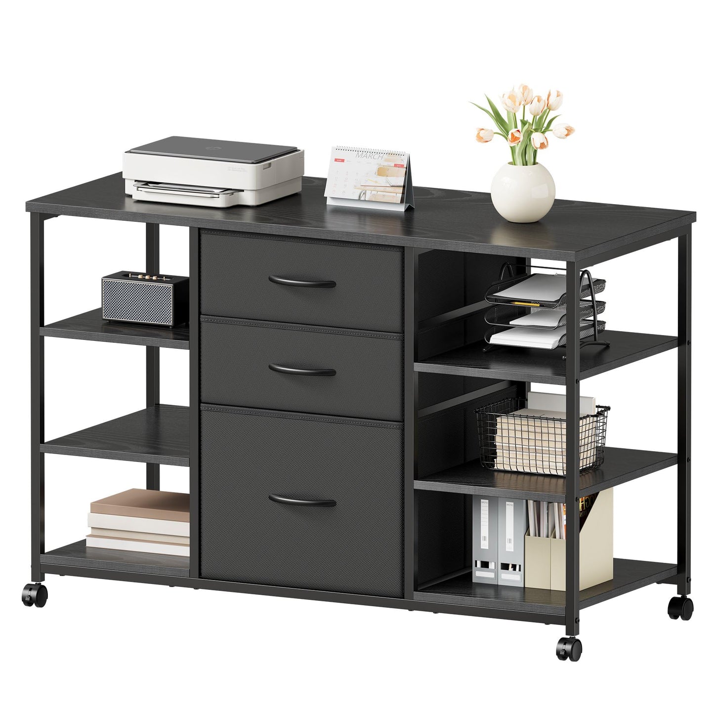 YeTom Mobile File Cabinet,Lateral Filing Cabinet with 3 Fabric Drawers,Rolling Printer Stand with 4 Open Storage Shelf for Home Office,Black