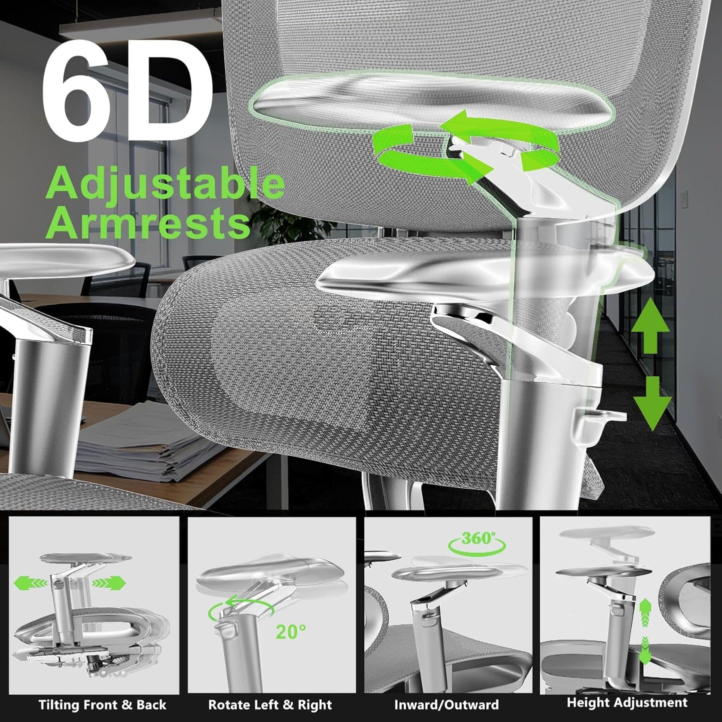 Forzolit Ergonomic Office Chair with Footrest,High Back Mesh Desk Chair,Lumbar Support & 90-135°Recline,3D Headrest & 6D Armrests,Swivel Computer Chair for Home Office, Work & Gaming 1Pack