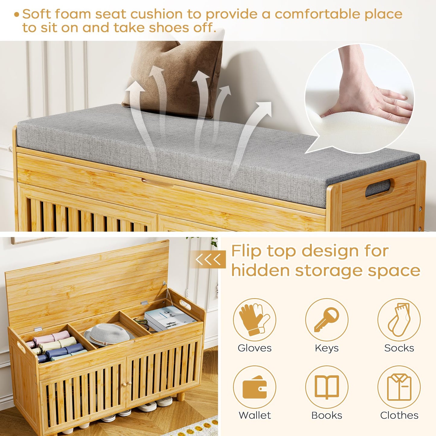 Shoe Storage Bench Coat Rack Set, 35.4" Bamboo Shoes Bench with Lift Top Hidden Storage & Wall Hooks, Hall Tree Entryway Bench with Seat Cushion, 2-Tier Shoe Cabinet for Entryway, Living Room, Bedroom