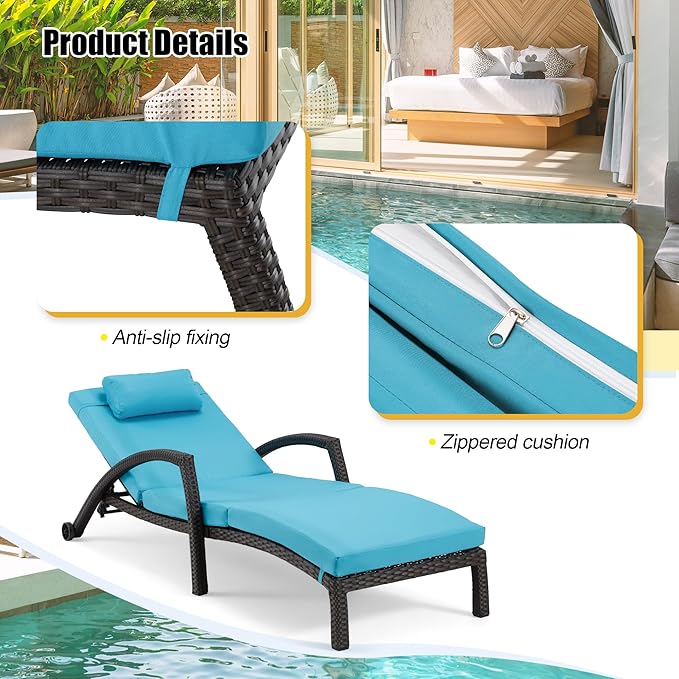 HOMREST Chaise Lounge Chairs Set of 4, PE Rattan Wicker Lounge Chair