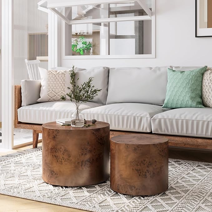 Round Nesting Coffee Table Set of 2, Modern Wooden Circle Burl Accent Tables