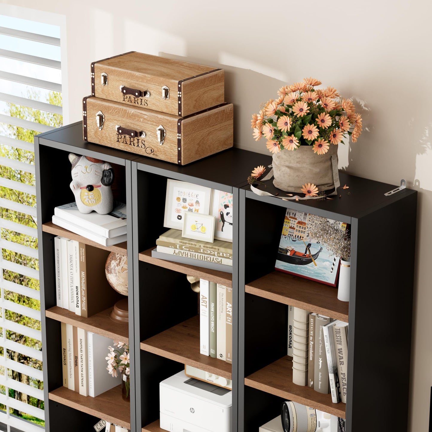 FOTOSOK 8-Tier Media Tower Rack, 11.6 X 9.3 X 71 Inches CD DVD Slim Storage Cabinet with Adjustable Shelves, Tall Narrow Bookcase Display Bookshelf for Home Office, Black/Brown