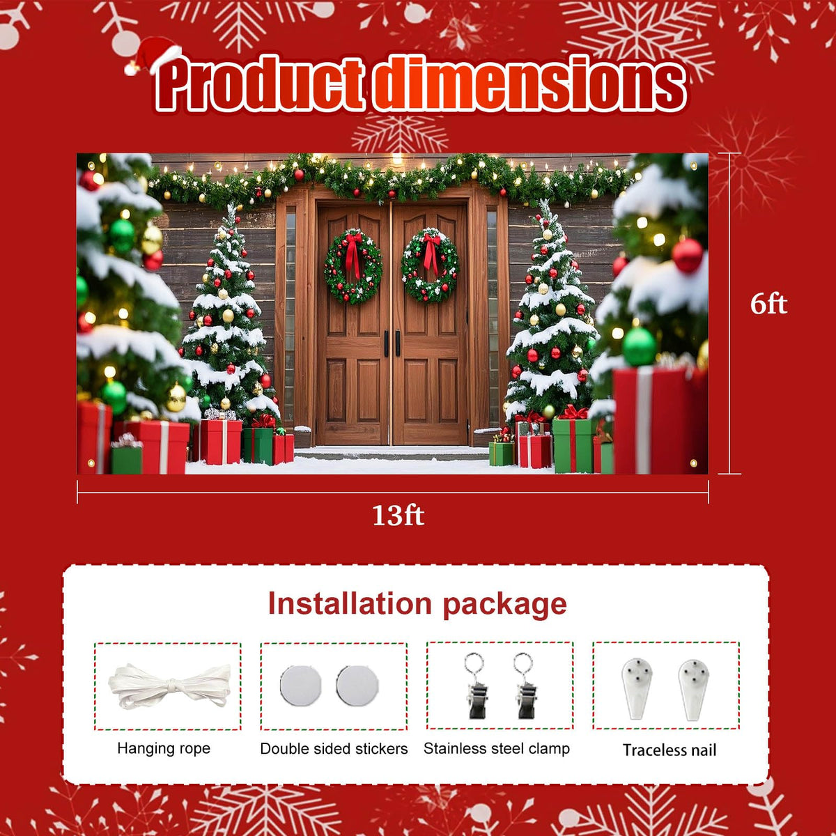 HOMETITUTE Christmas Garage Entryway Banner 13x6ft Rustic Wood Entryway Scene with Festive TreesGift Boxes Snowflakes Lights Outdoor Holiday Yard Display Backdrop Photo Background