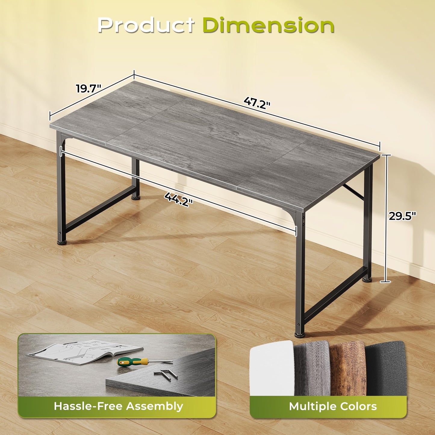PRAISUN 47 Inch Computer Desk, Home Office Desk with Spacious Desktop, Modern Gaming Desk, Writing Study Table for Bedroom, Small Spaces, Work from Home Desk with Metal Frame, Grey