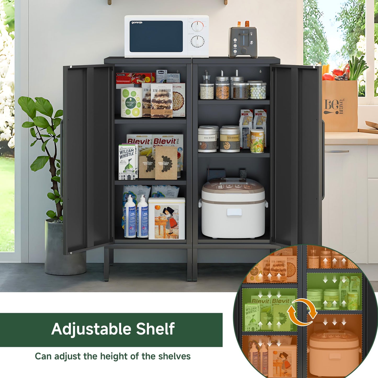PEROKIER Metal Storage Cabinet with Door & 2 Adjustable Shelves 39.5” Small Storage Cabinet with Magnetic Closure for Home Office Garage Kitchen (Black)
