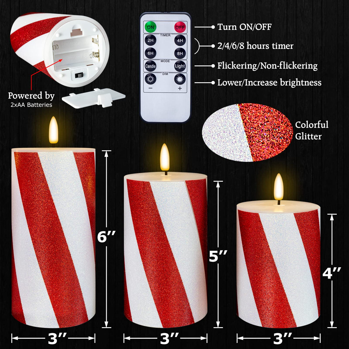 HN HAIINAA Christmas Flameless Candles Real Wax Red Battery Operated Pillar Candles with Remote Flickering Flame 3D Wick LED Electric Candles for Christmas Home Decoration D3 x H4 5" 6" Set of 3