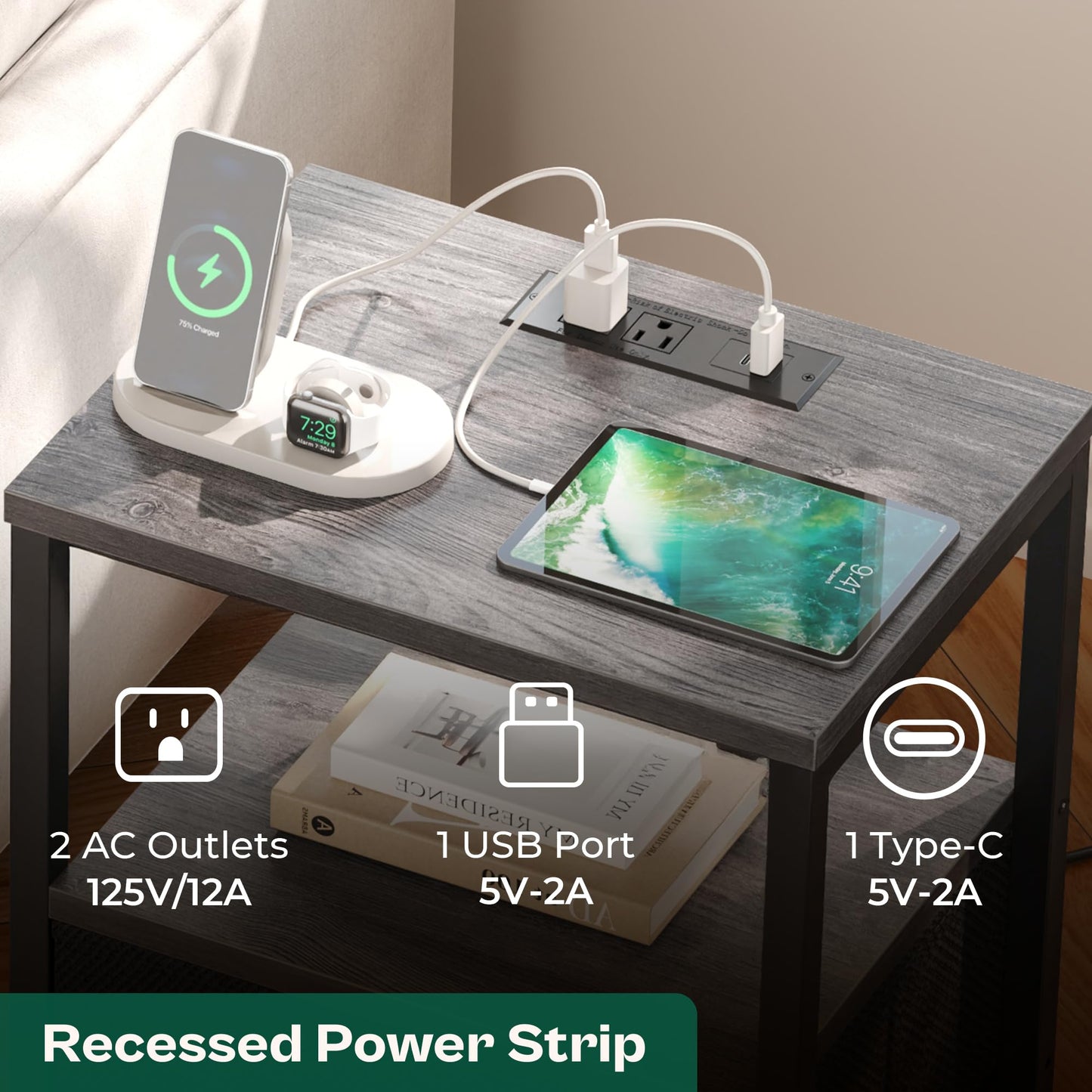 Huuger Nightstand with Charging Station, Side Table with 2 Fabric Drawers, End Table with Open Shelf, Bedside Table with USB-C Port and Outlets, Night Stand for Bedroom, Black