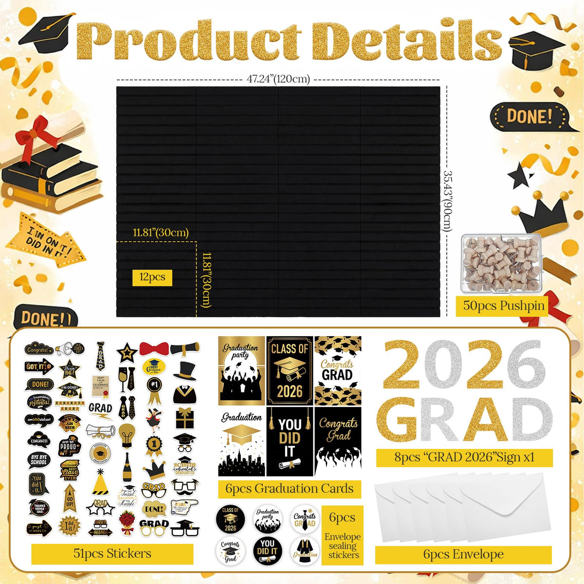 Nuanchu Graduation Bulletin Boards Decorations Set, DIY Poster Photo Board Kit with Black Felt Panels, 2026 Graduation Cards & Envelopes, Sticker Set, Push Pins, Cardstock Decor for Party Classroom