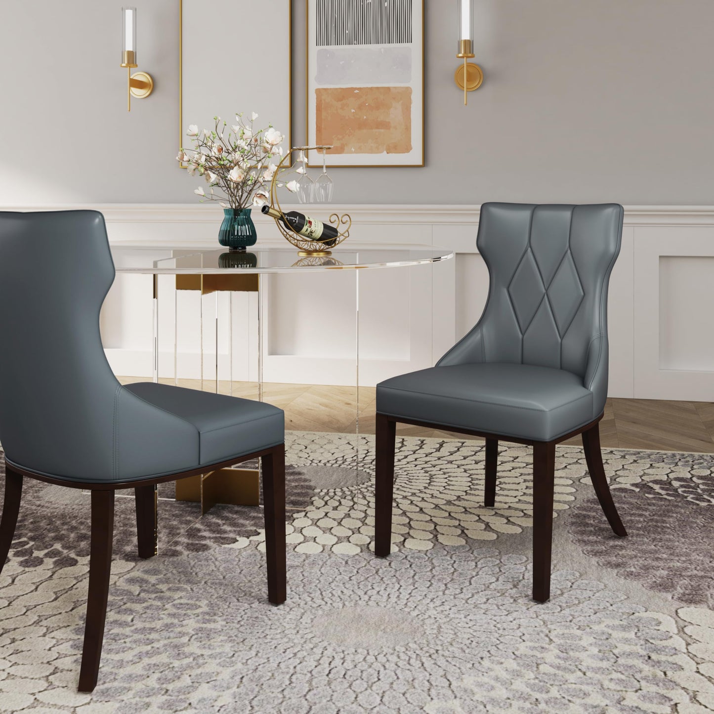 Manhattan Comfort Reine Dining Chairs Set of 4, Upholstered Seats with Diamond Stitching, Solid Beech Wood Frame, 4-Leg Base, 18.5" Seat Height, Fully Assembled, Pebble Grey