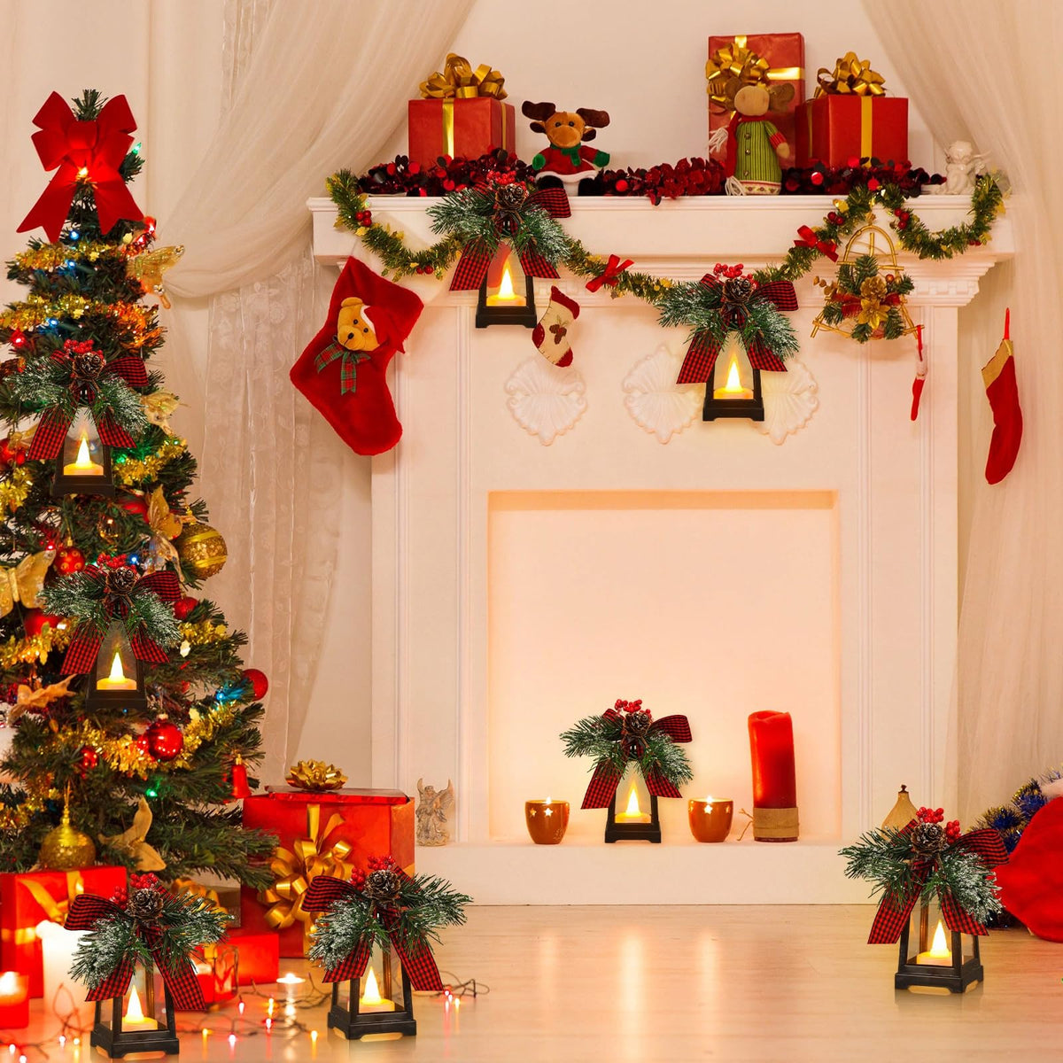 Set of 6 Christmas Mini Decorative Lanterns with Flickering LED Flameless Candle Hanging Lantern Decoration Bulk with Buffalo Plaid Bow Battery Included for Xmas Party (Red Plaid Bow)