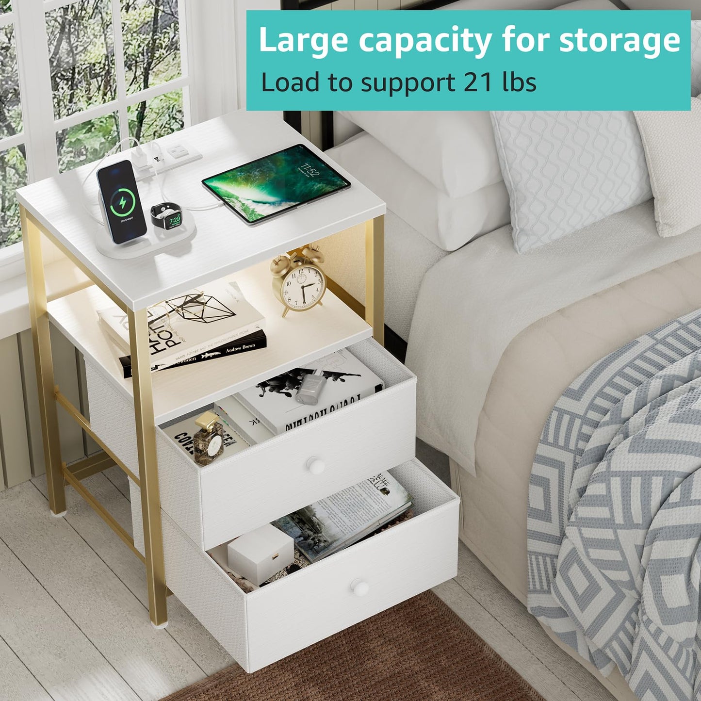 BOLUO Nightstand with Charging Station, LED Night Stand with 2 Fabric Drawers, Bedside Table with USB Ports and Outlets, Nightstand for Bedroom Modern
